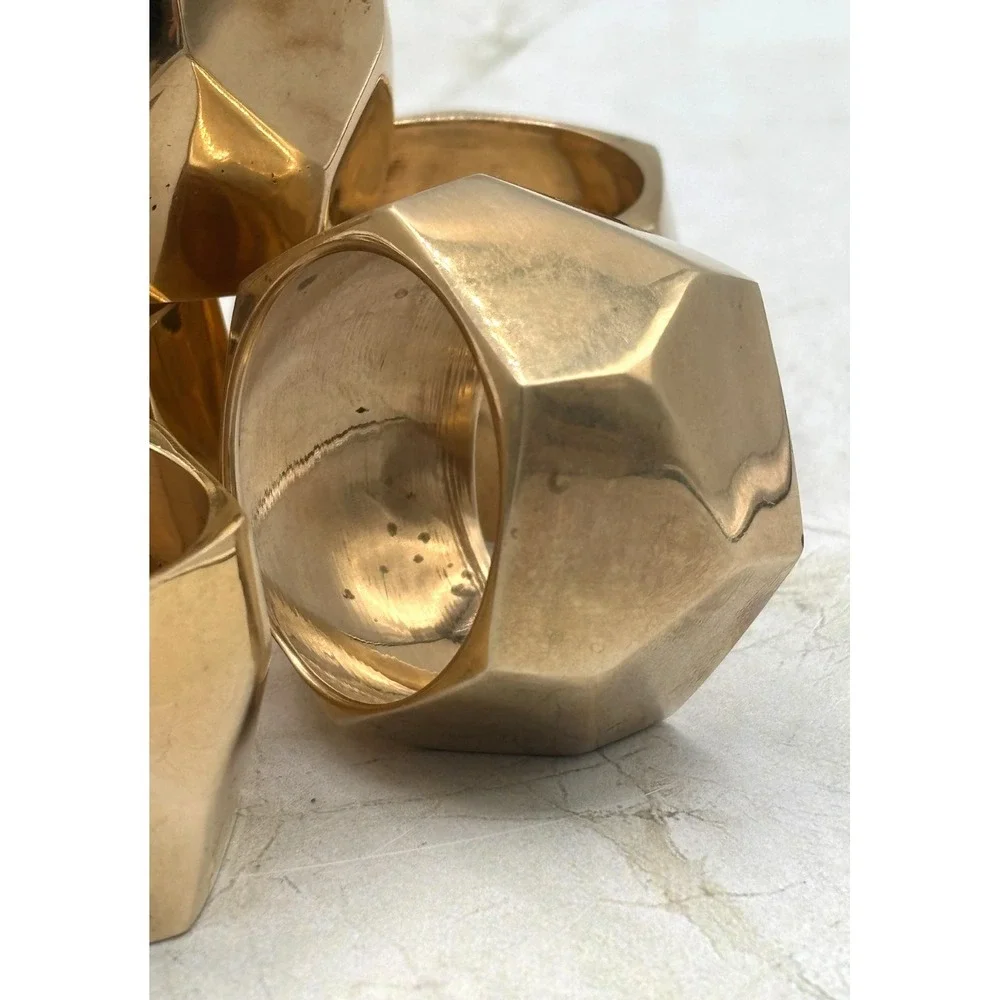 Set of 8 Solid‎ Brass Faceted Napkin Rings Modern Geometric Brutalist Style EUC